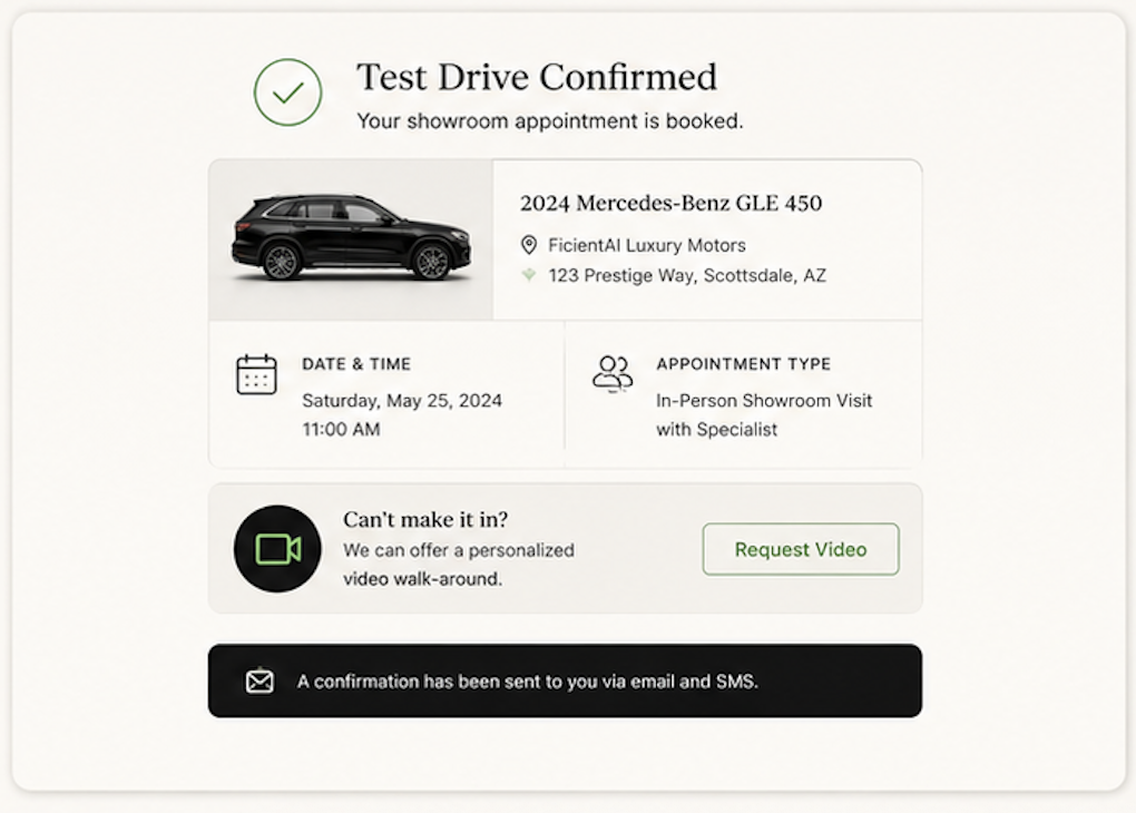 Test drive confirmation card showing a booked showroom appointment for a 2024 Mercedes-Benz GLE 450