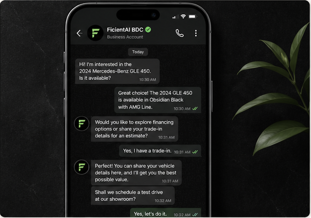 Smartphone showing a WhatsApp conversation with the FicientAI BDC about a Mercedes-Benz GLE 450