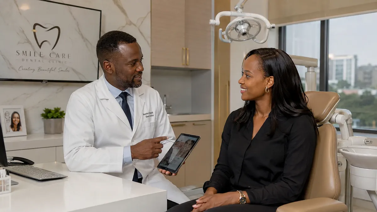 Dentist showing a patient treatment options on a tablet