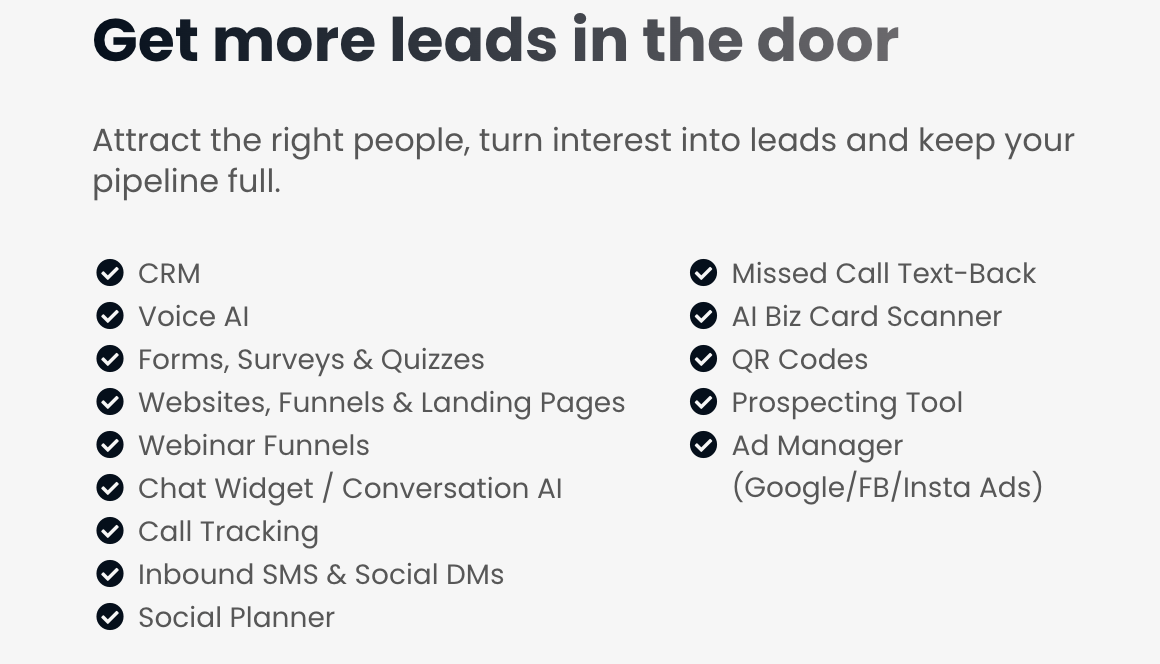 Get more leads in the door — CRM, Voice AI, forms, funnels, chat widget and more